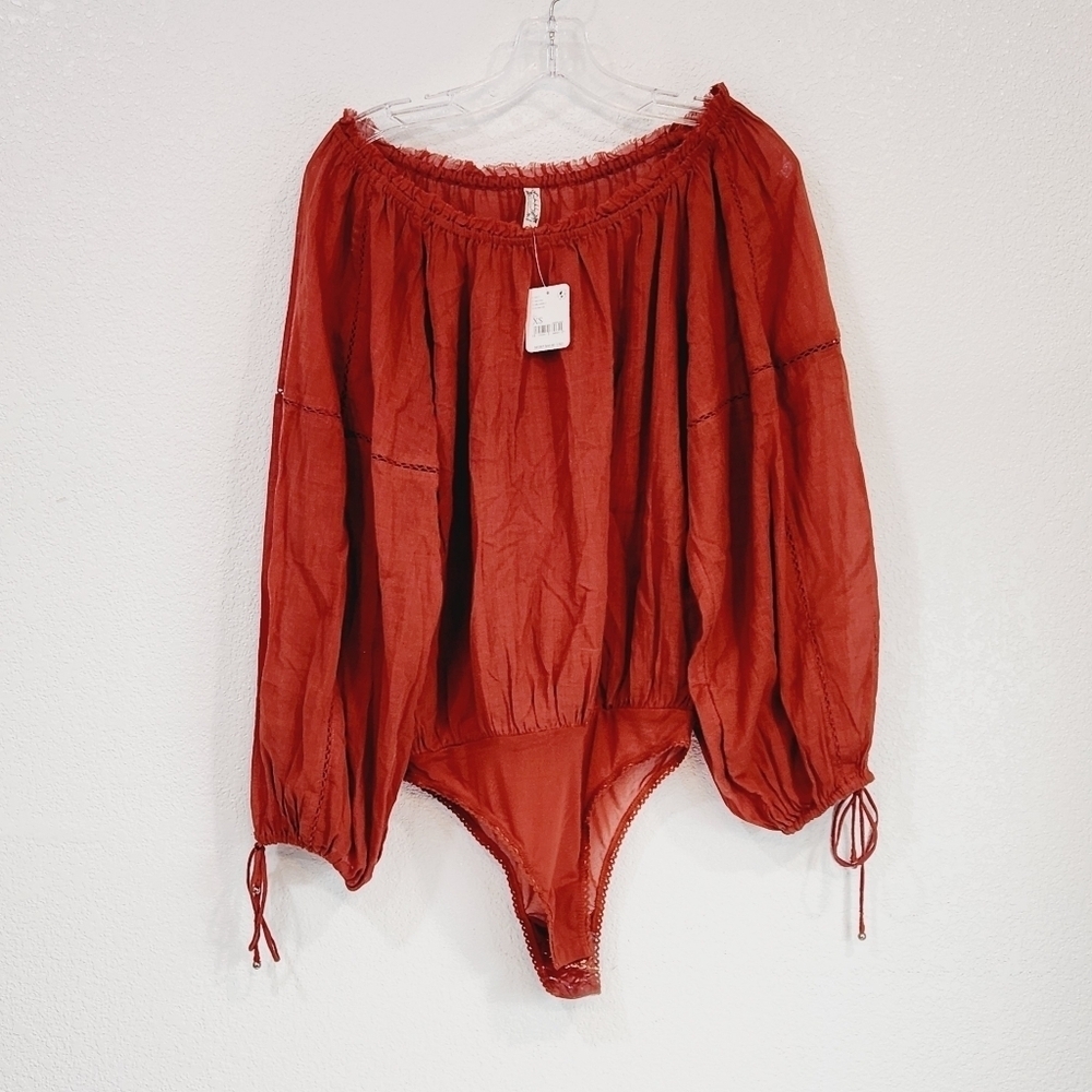 Free People Boho Burnt Orange Balloon Sleeve Bodysuit Sz XS NWT